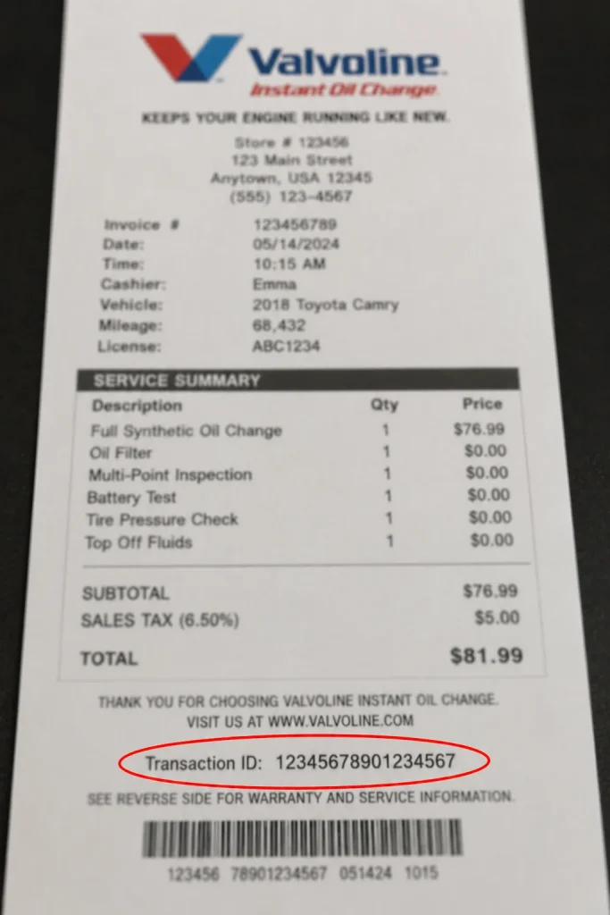 Valvoline oil change company receipt